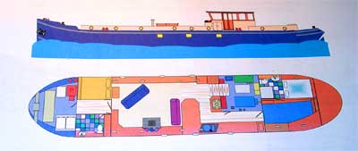 Sketch of barge exterior and interior view